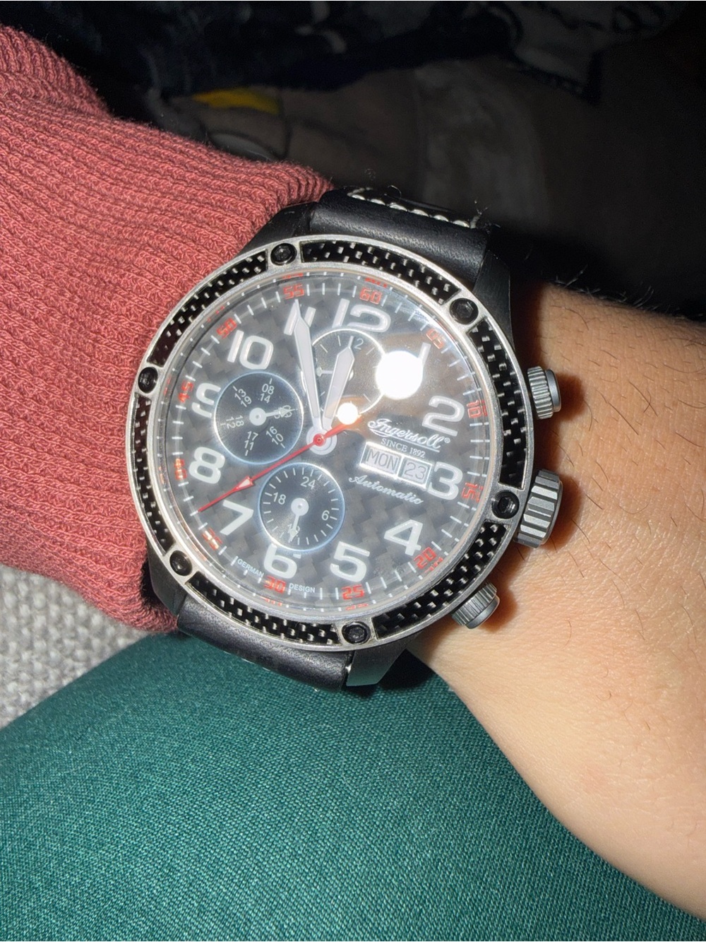 Ingersoll Automatic Men’s Watch Carbon Fiber Bezel Black Leather Strap